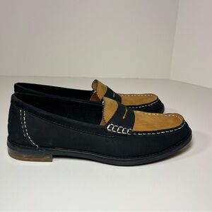 Sperry Women's Seaport Penny Loafers Suede Leather Black Tan, size 6.5